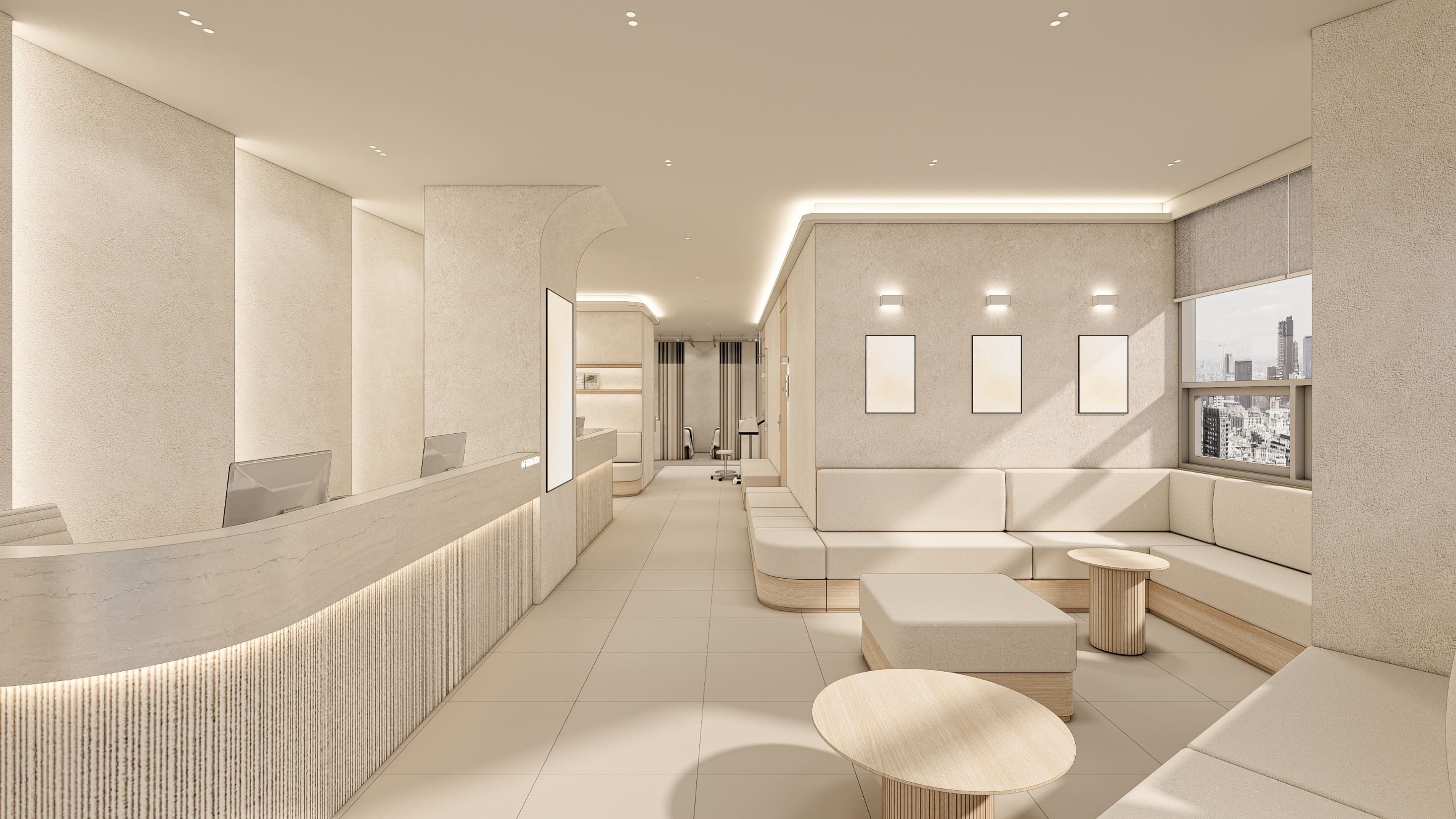 서울 튼튼의원 환자 대기 라운지 에이맷 스튜디오 인테리어 설계 3D 투시도, 크림 베이지 우드 마감의 편안한 병원 대기 공간