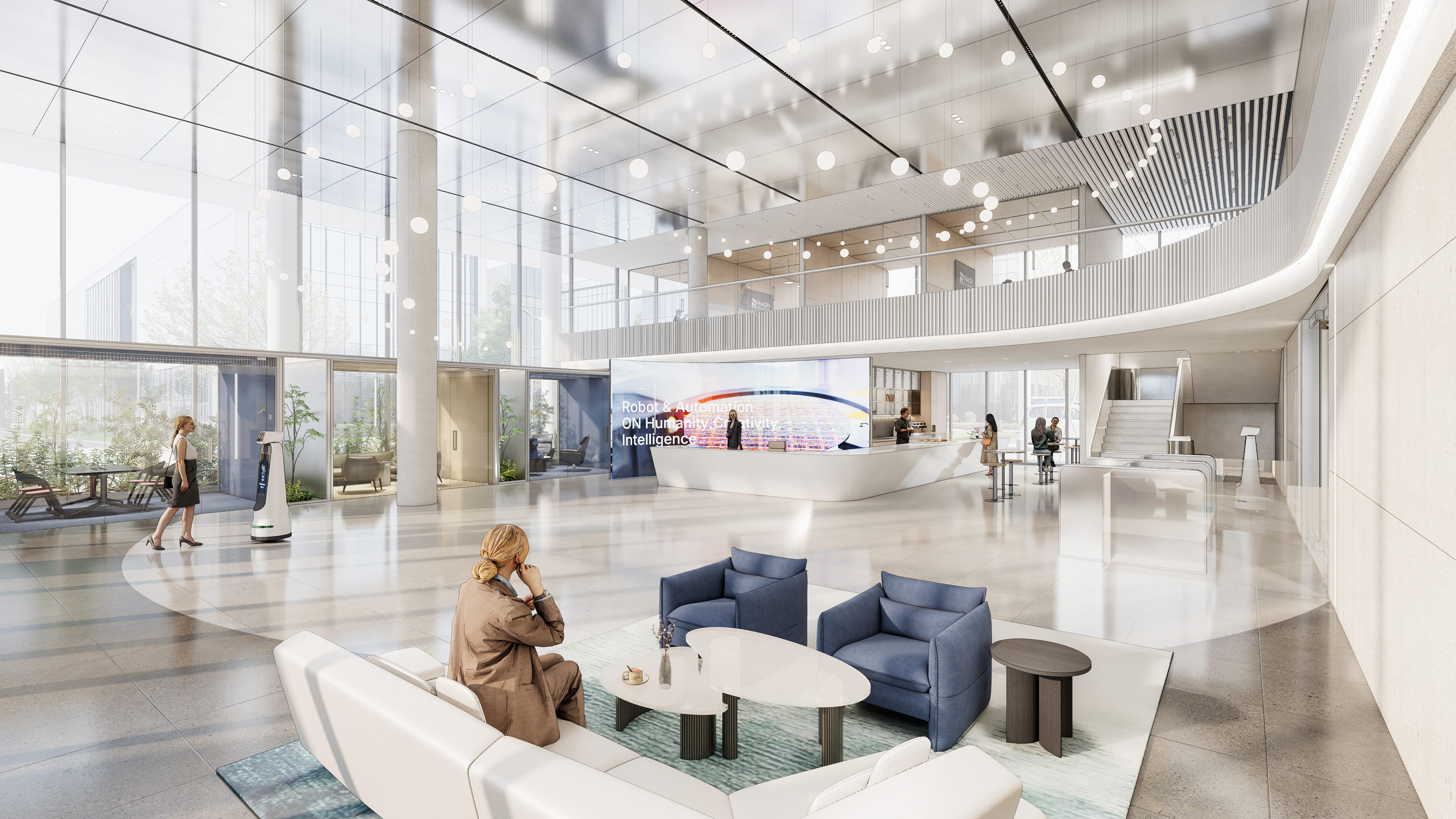 라온로보틱스 오피스 1층 로비 라운지 에이맷 스튜디오 인테리어 설계 3D 투시도, 소파와 그린 식물 배치의 직원 휴게 로비