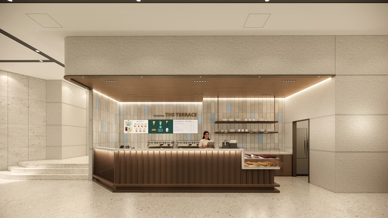 더 테라스 카페 카운터·오더 공간 에이맷 스튜디오 인테리어 설계 3D 투시도, 우드 슬랫 카운터와 테라조 바닥의 카페 오더 공간