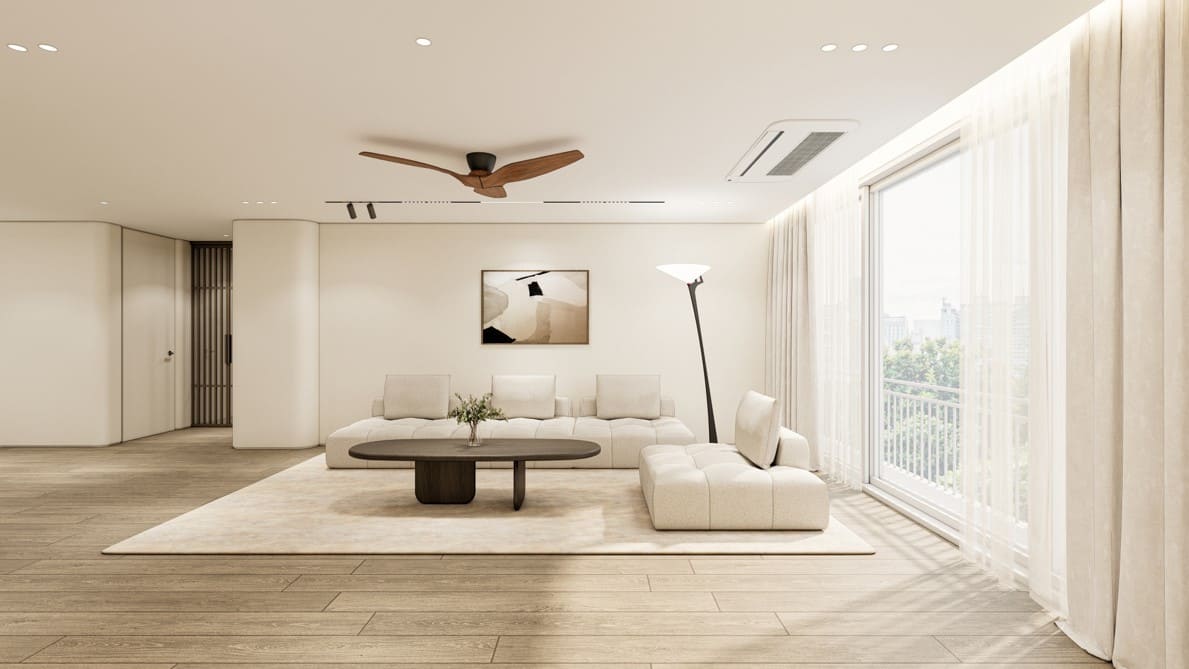 압구정 현대아파트 53평 거실 에이맷 스튜디오 인테리어 설계 사례, 우드 서가 월과 모던 패브릭 소파 배치의 하이엔드 리빙룸