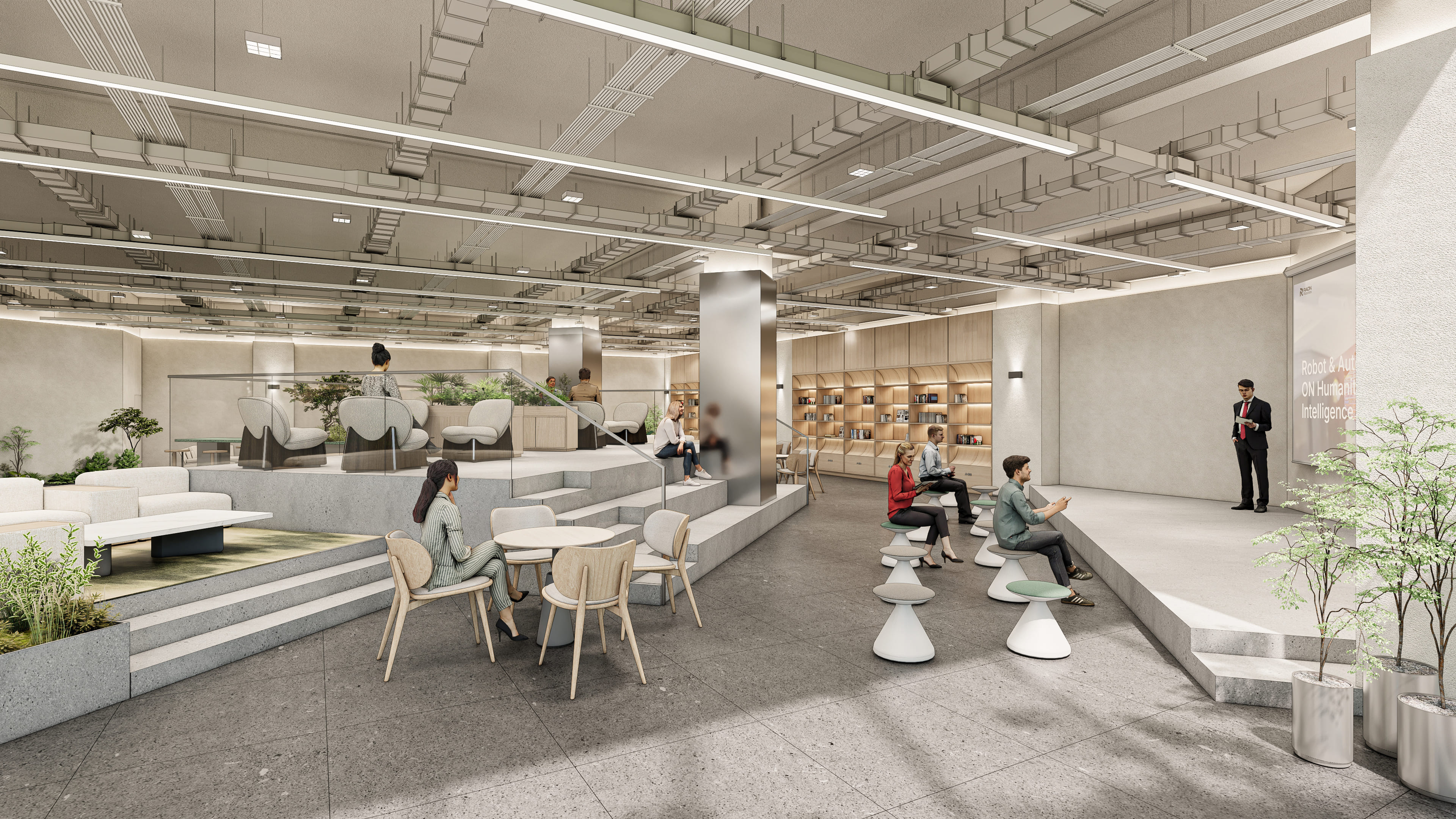 라온 로보틱스 오피스 퍼블릭 라운지 3D 투시도 — 계단형 좌석과 우드 서재, 실내 조경이 어우러진 테크 기업 오피스 공용 공간 인테리어 렌더링 | 에이맷 스튜디오 오피스 포트폴리오