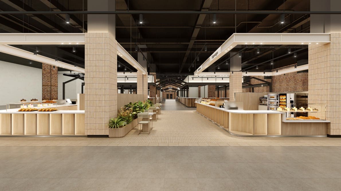 현대아울렛 송도점 지하 1층 베이커리 라운지 전경 3D 투시도 — 화이트 타일과 우드 진열대, 브릭 마감이 어우러진 대형 베이커리 상업공간 인테리어 렌더링 | 에이맷 스튜디오 커머셜 포트폴리오