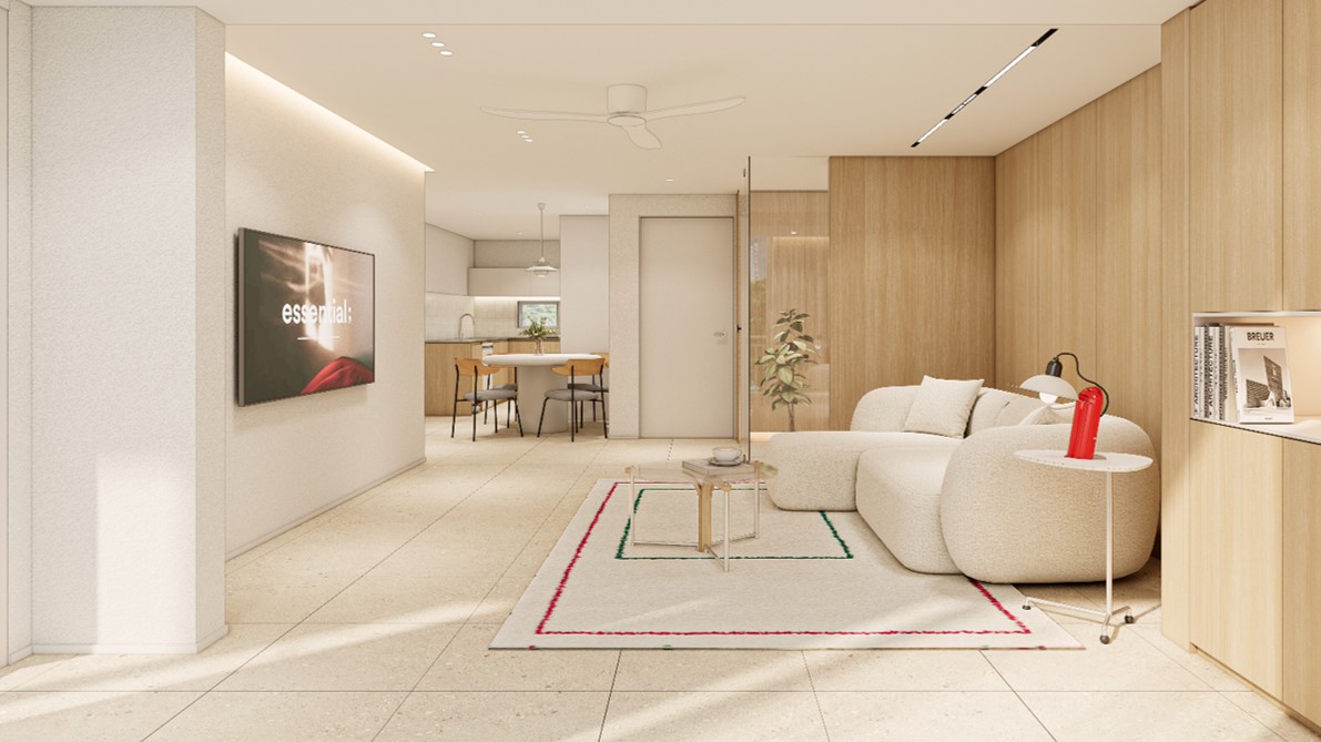 용산 리버힐삼성 32평 거실 에이맷 스튜디오 인테리어 설계 사례, 크림 부클레 소파와 우드 월 패널의 미니멀 리빙 다이닝 오픈 플랜 공간