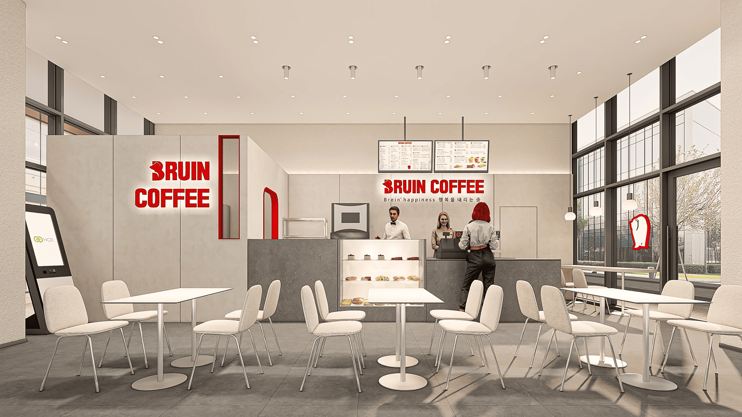 Bruin Coffee 카페 전면 에이맷 스튜디오 인테리어 설계 3D 투시도, 레드 Bruin Coffee 브랜드 로고 월과 오픈 카운터의 전체 카페 전경