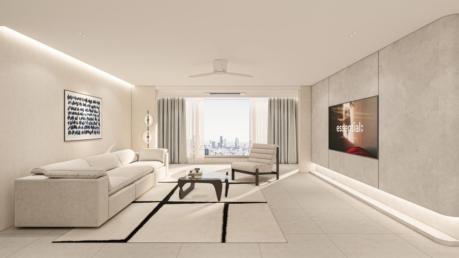 용인 동일 하이빌 2차 42평형 거실 3D 투시도 — 베이지 모르타르 마감과 도심 뷰 창가, 간접 조명 TV월로 구성된 아파트 거실 인테리어 렌더링 | 에이맷 스튜디오 레지덴셜 포트폴리오