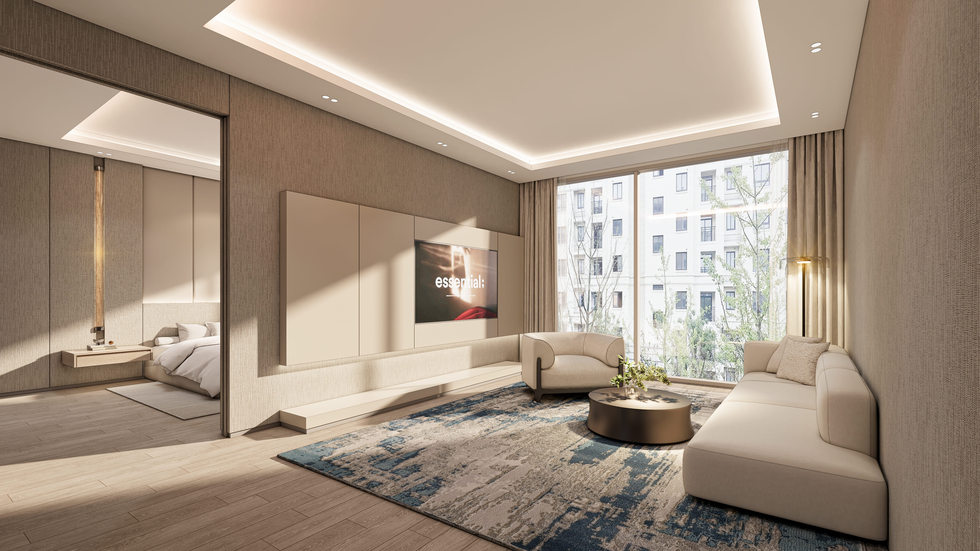 스카이파크 센트럴 호텔 스위트룸 3D 투시도 — 베이지 톤 패브릭 월과 우드 마감, 파크뷰 창가 소파로 구성된 럭셔리 호텔 객실 인테리어 렌더링 | 에이맷 스튜디오 호텔 포트폴리오
