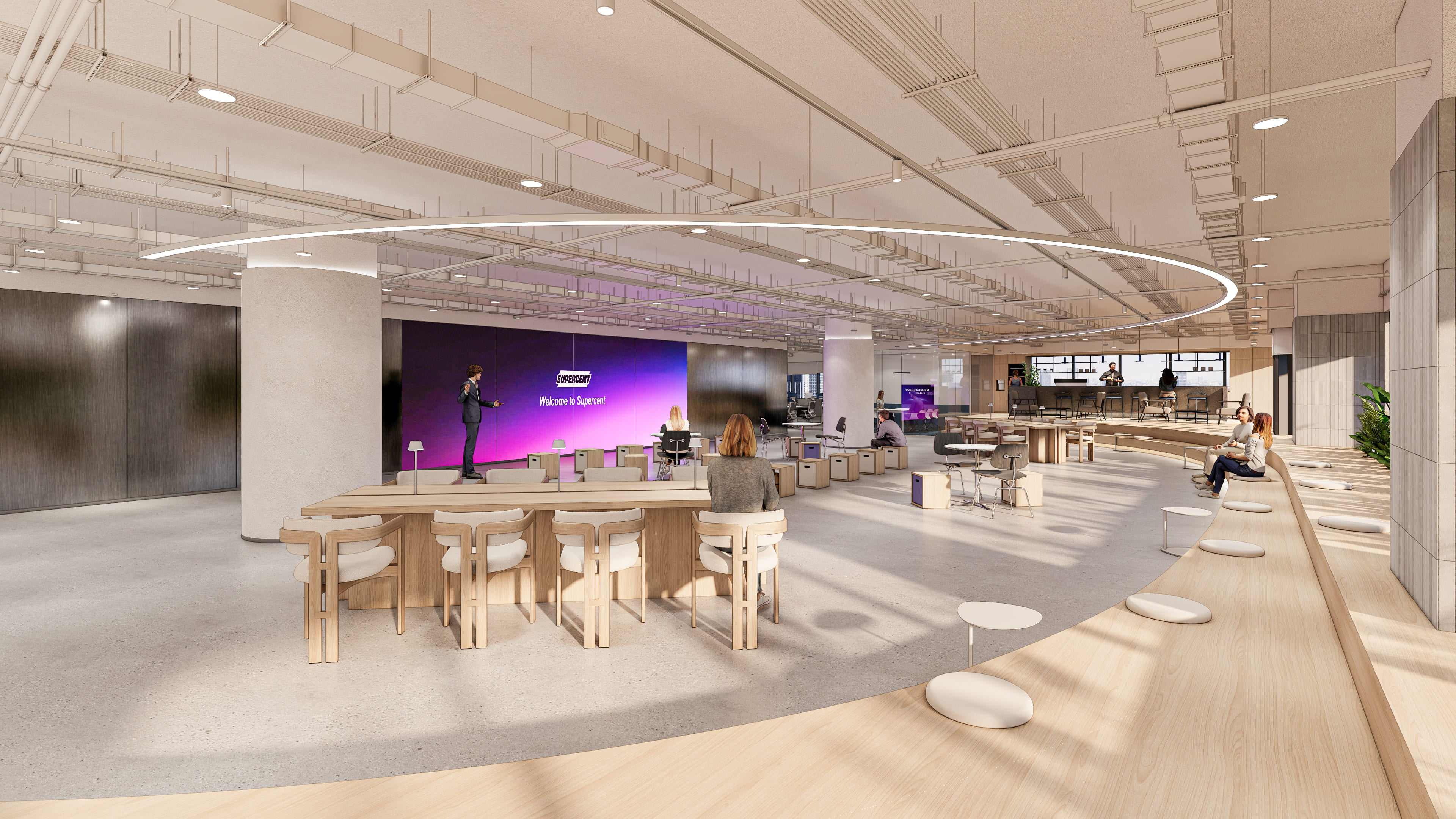 슈퍼센트 HCM 오피스 라운지 3D 투시도 — 원형 조명과 대형 LED 스크린, 곡선형 계단 좌석으로 구성된 오픈 커뮤니케이션 공간 인테리어 렌더링 | 에이맷 스튜디오 오피스 포트폴리오