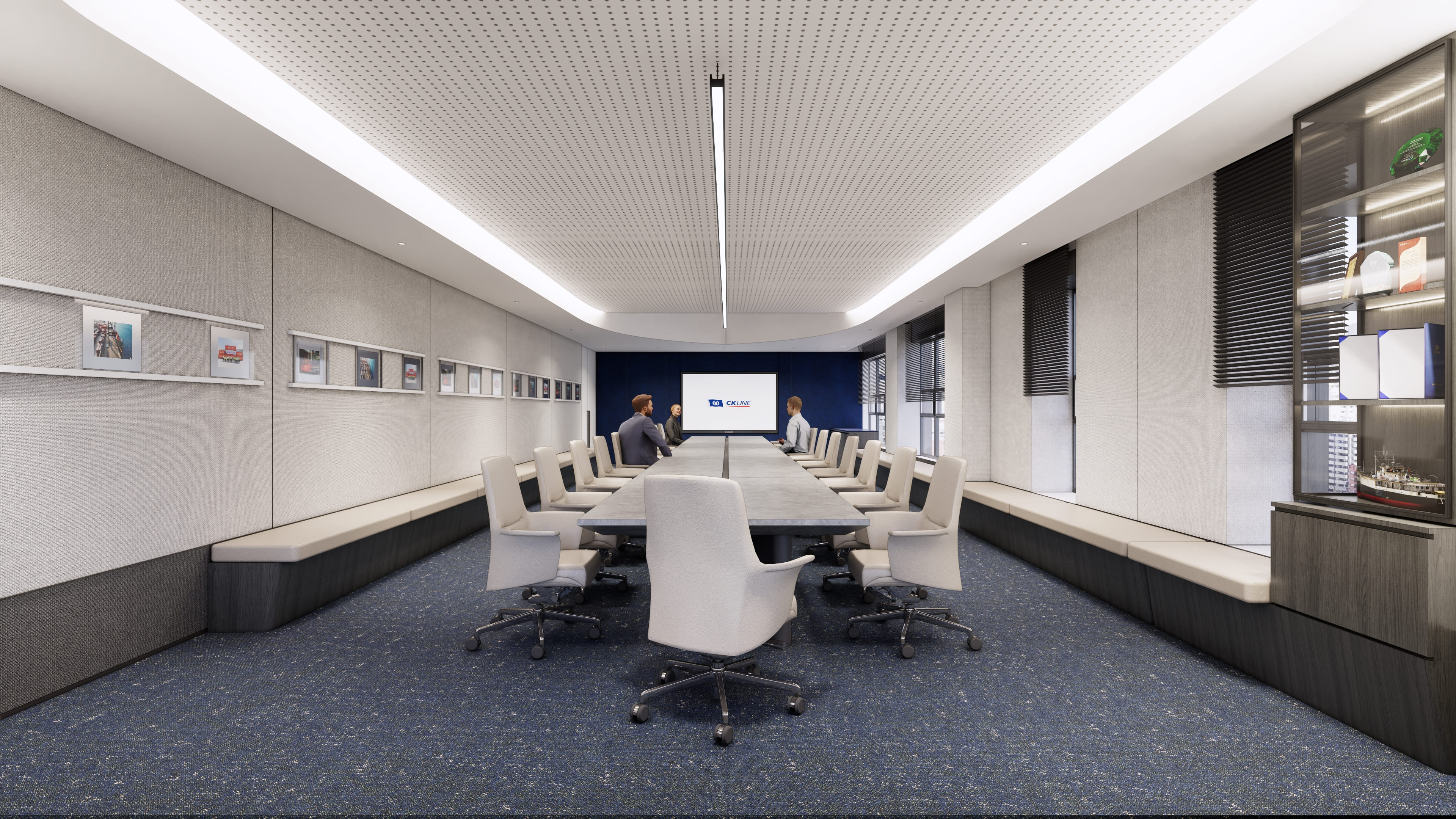 CK Line 오피스 대형 임원 회의실 에이맷 스튜디오 인테리어 설계 3D 투시도, 네이비 블루 카펫과 CK LINE 브랜드 스크린 월의 장형 회의 테이블 공간