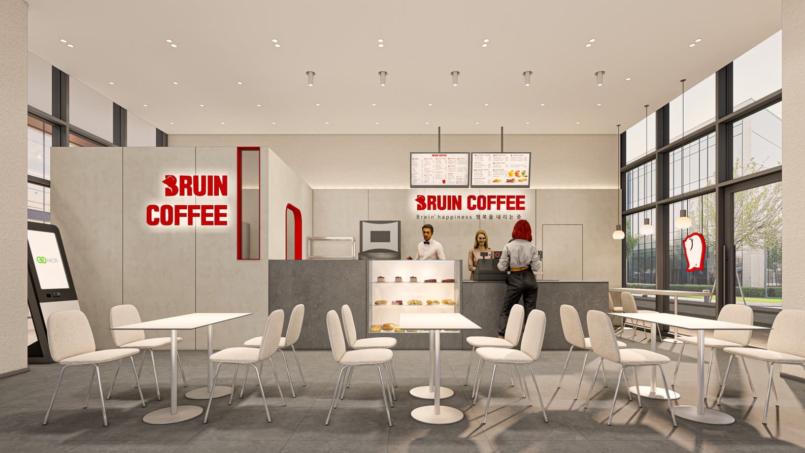 Bruin Coffee 카페 전면 에이맷 스튜디오 인테리어 설계 3D 투시도, 레드 Bruin Coffee 브랜드 로고 월과 오픈 카운터의 전체 카페 전경