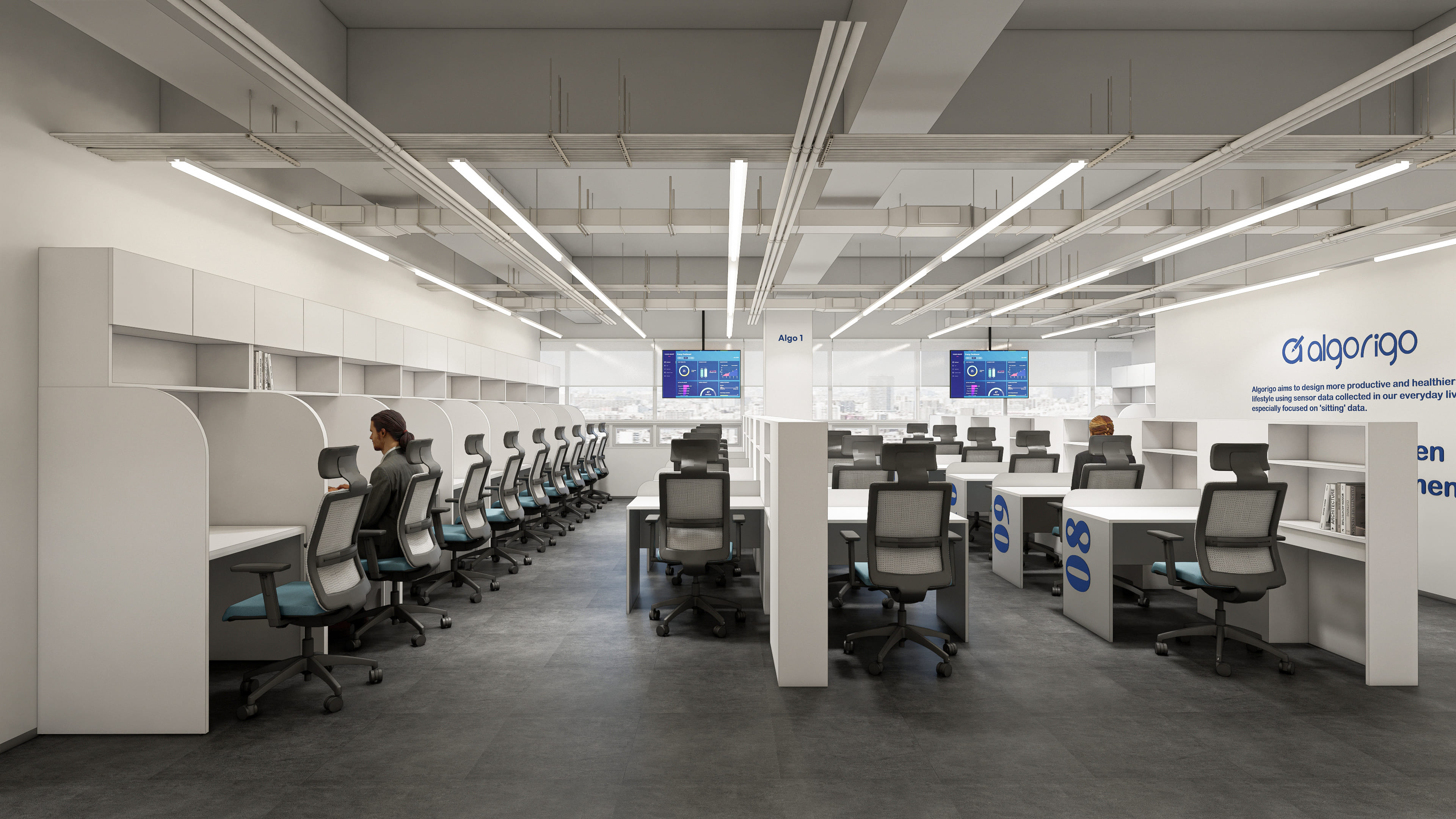 알고리고 스터디카페 3D 투시도 — 개인 칸막이 좌석과 선형 조명으로 설계된 집중 학습 공간 인테리어 렌더링 | 에이맷 스튜디오 커머셜 포트폴리오