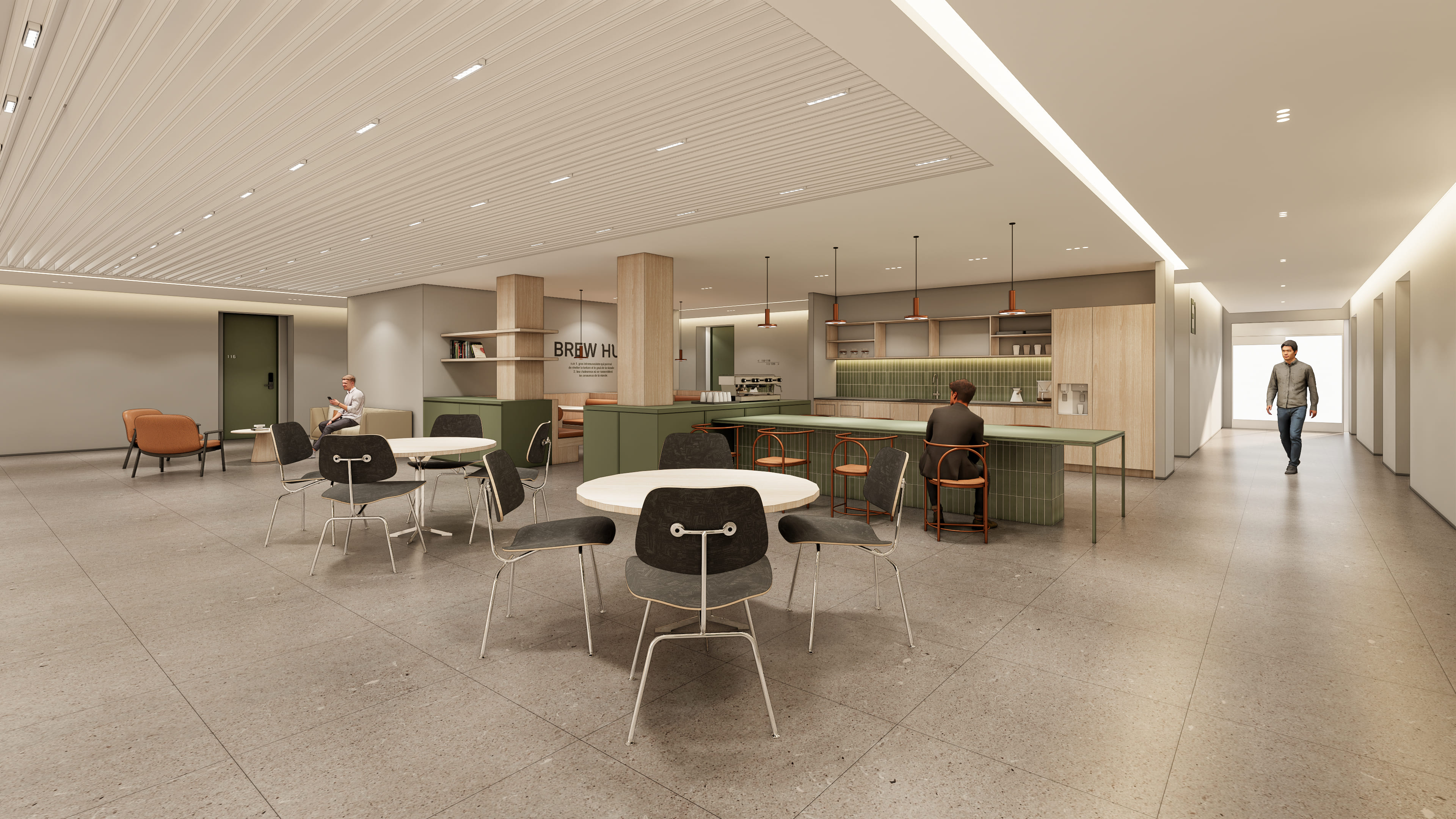 KT&G 러닝앤디벨롭먼트 센터 1층 Brew Hub 카페테리아 인테리어 설계 3D 투시도, 그린 타일 카운터와 원형 테이블의 직원 휴게 식음 공간