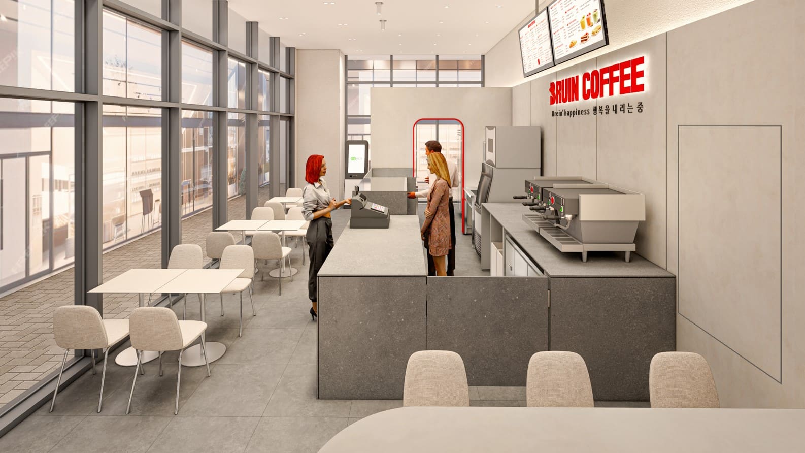 Bruin Coffee 카운터 에이맷 스튜디오 인테리어 설계 3D 투시도, 그레이 콘크리트 카운터와 레드 브랜드 사이니지의 커피 오더 공간