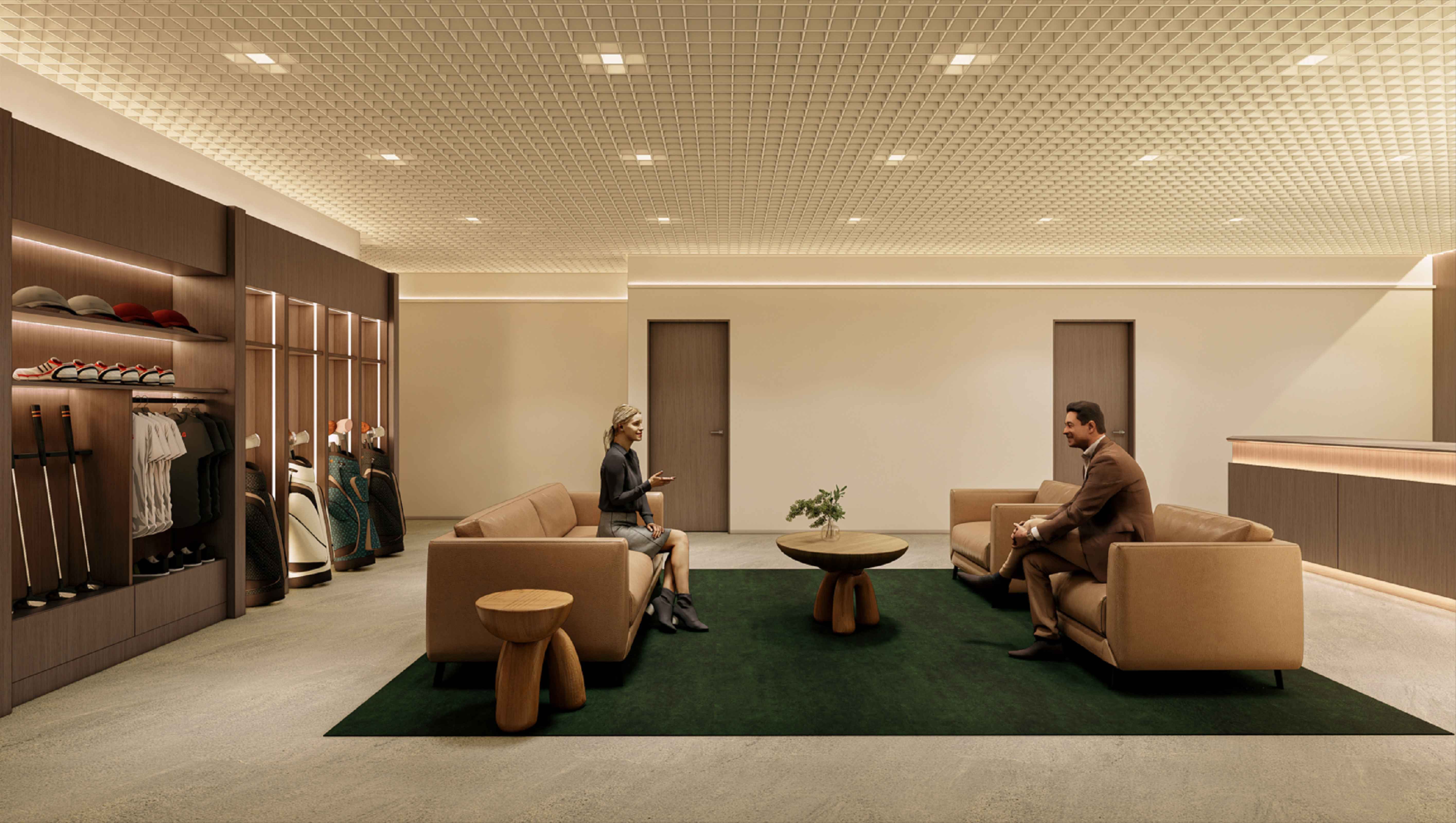 광흥창 골프존 파크 라운지 에이맷 스튜디오 인테리어 설계 3D 투시도, 우드 마감과 아치형 조명의 스크린 골프 휴게 라운지