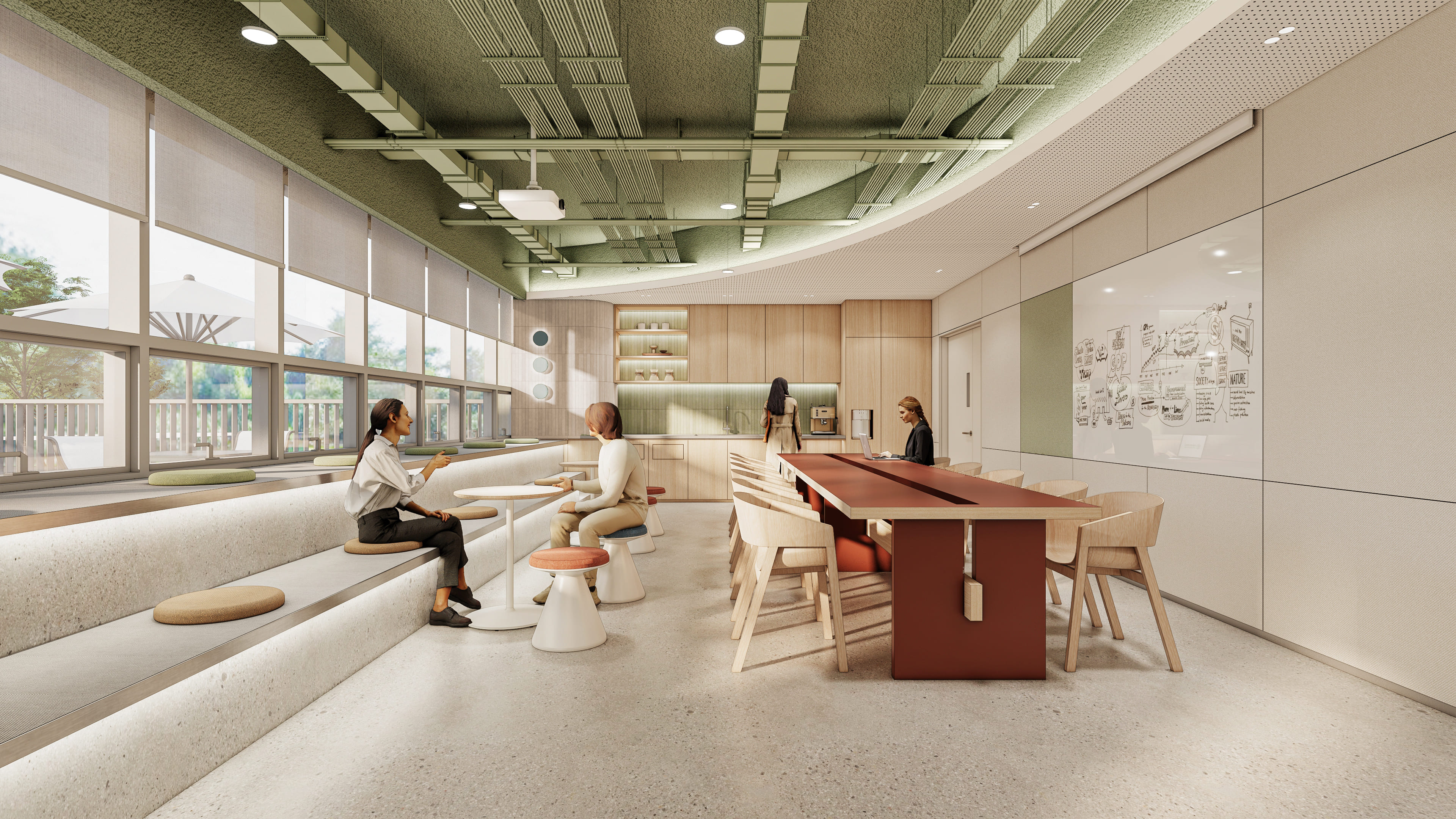 이화여자대학교 산학협력관 3층 오피스 라운지 3D 투시도 — 계단형 좌석과 우드 키친, 레드 컬러 미팅 테이블로 구성된 협업 공간 인테리어 렌더링 | 에이맷 스튜디오 오피스 포트폴리오